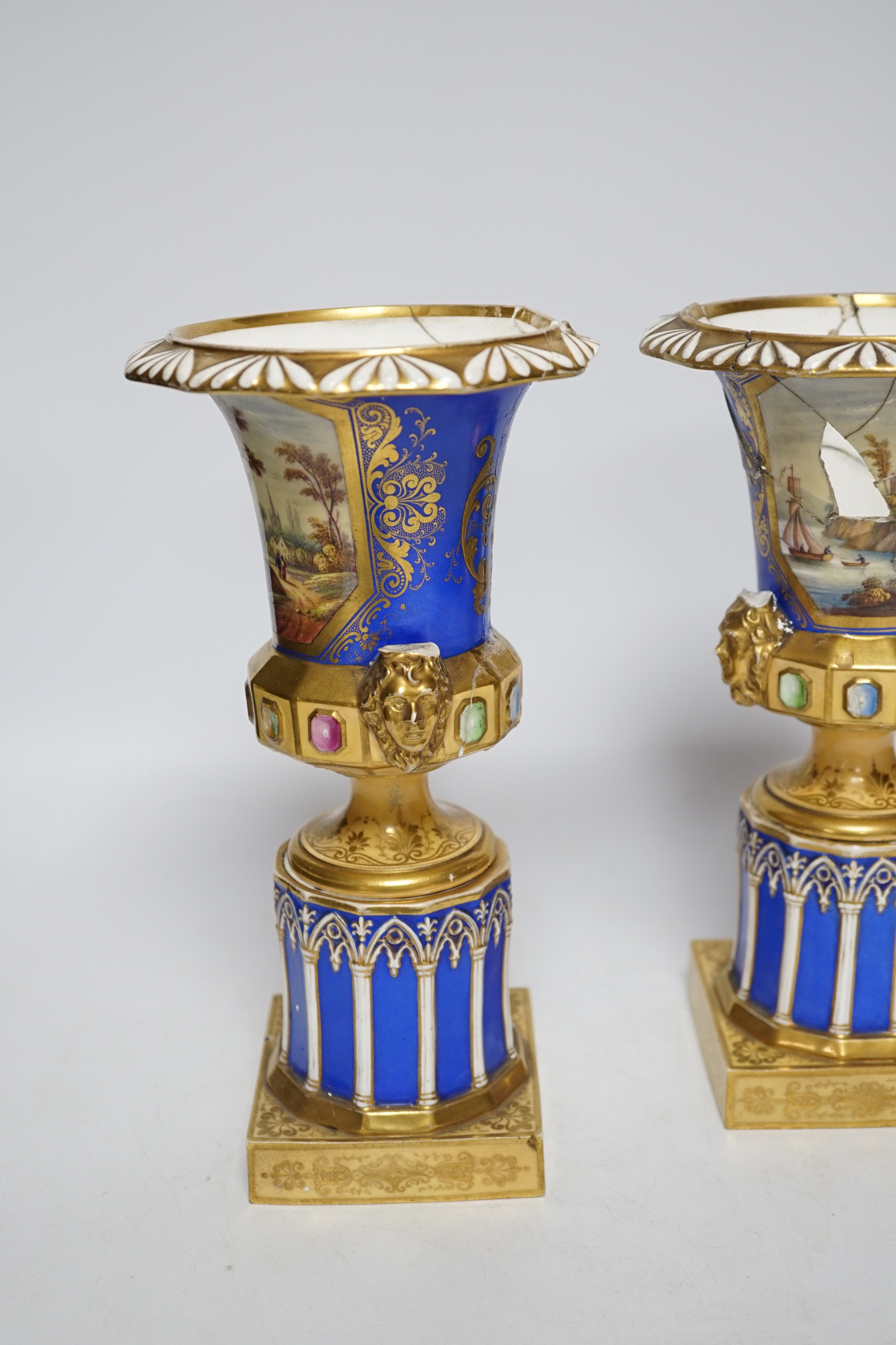 A pair of early 19th century vases - in need of restoration, 25cm